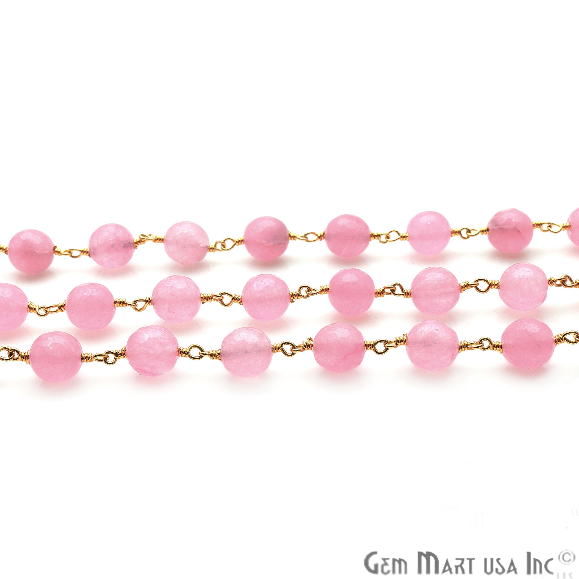 Hot Pink Jade 8mm Beads Gold Plated Wire Wrapped Rosary Chain - GemMartUSA (763726037039)