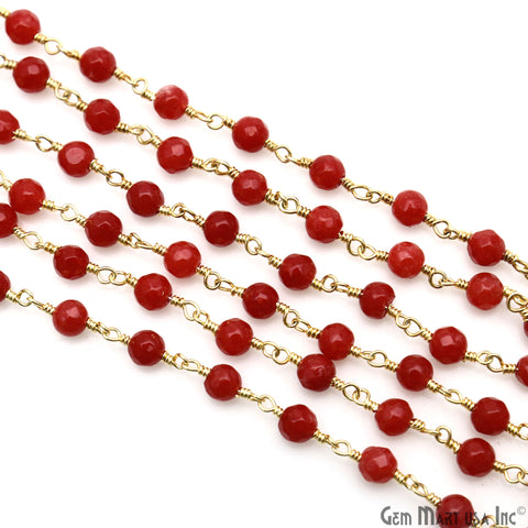 Red Jade Faceted Round 4mm Beads Gold Plated Wire Wrapped Rosary Chain