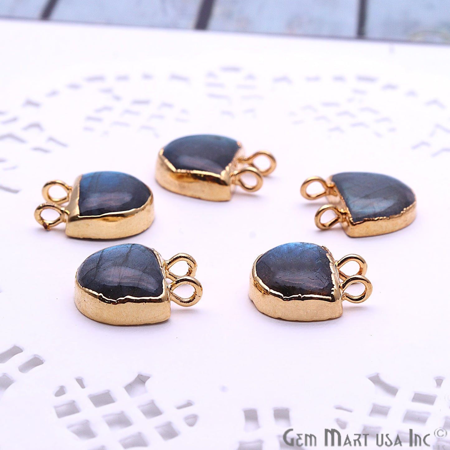 Labradorite Semi Circle 13x11mm Gold Electroplated Double Bail Gemstone Connector - GemMartUSA