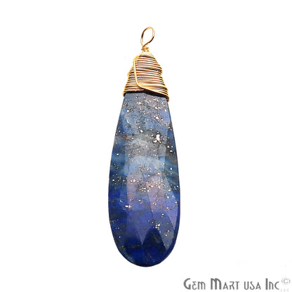 Lapis Lazuli 41x10mm Pear Shaped Gold Wire Wrapped Connector Pendant - GemMartUSA