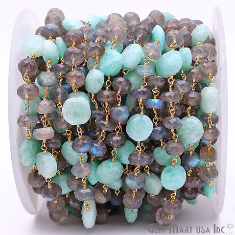Labradorite 7-8mm & Amazonite10-11mm Gold Plated Beads Rosary Chain - GemMartUSA