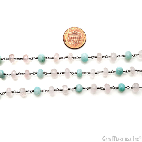 Rose Quartz With Amazonite Rondelle Beads Oxidized Wire Wrapped Rosary Chain