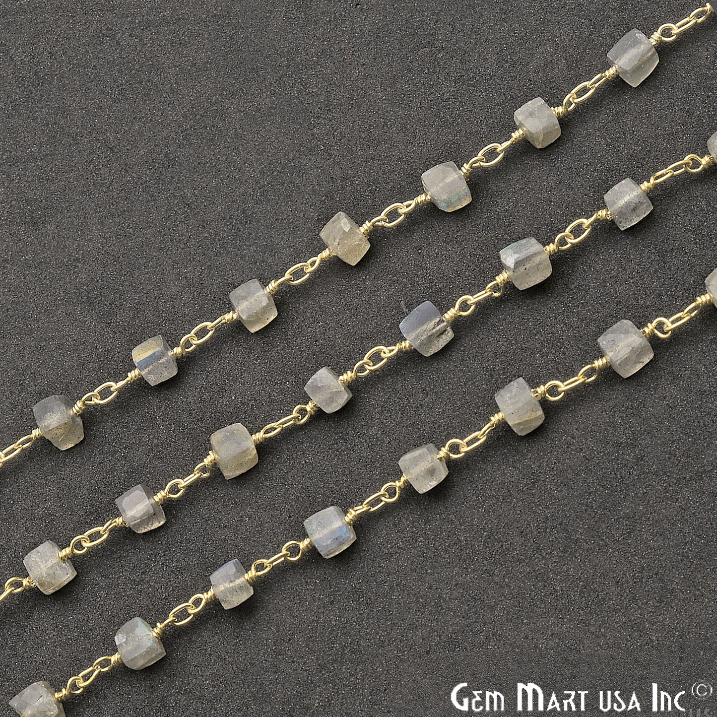 Labradorite Cube 5-6mm Gold Plated Wire Wrapped Beads Rosary Chain - GemMartUSA (763747106863)