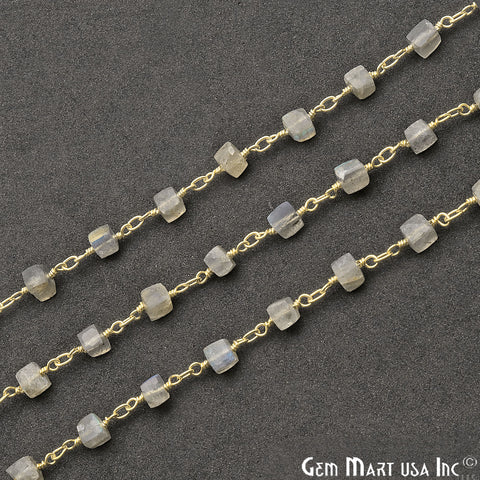 Labradorite Cube 5-6mm Gold Plated Wire Wrapped Beads Rosary Chain - GemMartUSA (763747106863)
