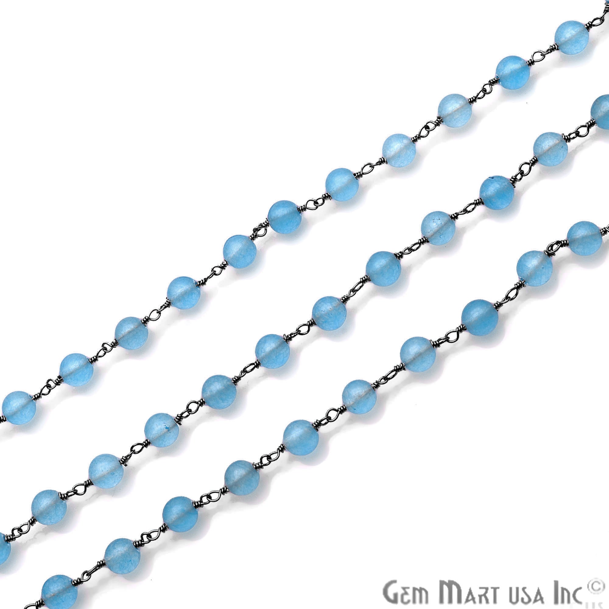 Baby Blue Jade Smooth Beads Oxidized Wire Wrapped Rosary Chain - GemMartUSA