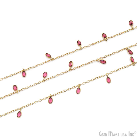 Pink Tourmaline Oval 5x3mm Gold Plated Bezel Connector Dangle Rosary Chain