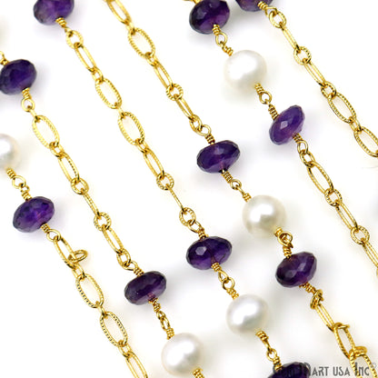 Amethyst & Pearl Round Beads Gold Plated Finding Rosary Chain