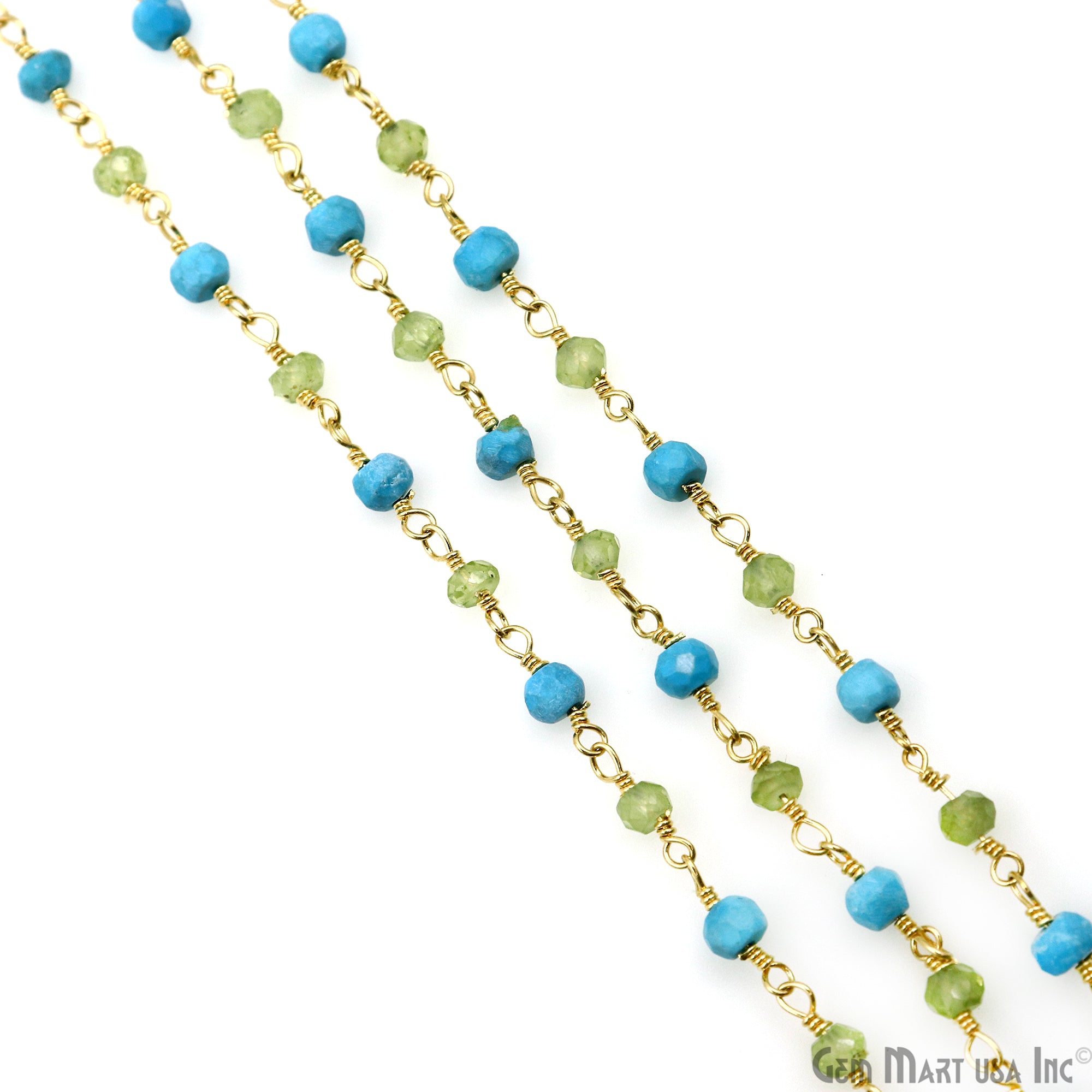 Turquoise & Peridot Bracelet 3-3.5mm Gold Plated Wire Beads Rosary Chain