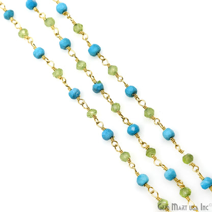 Turquoise & Peridot Bracelet 3-3.5mm Gold Plated Wire Beads Rosary Chain