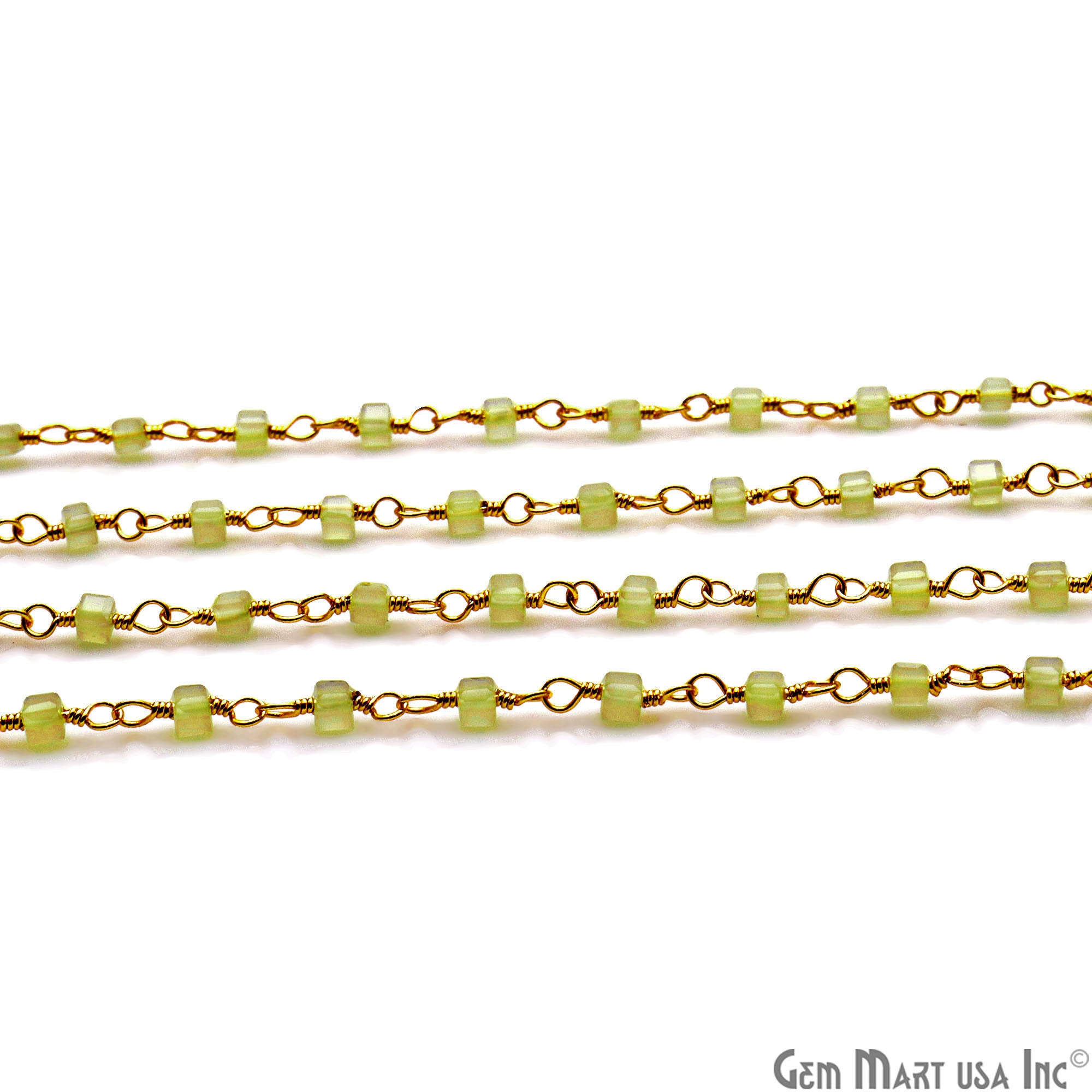 Prehnite Cube Faceted 2mm Gold Wire Wrapped Rosary Chain - GemMartUSA