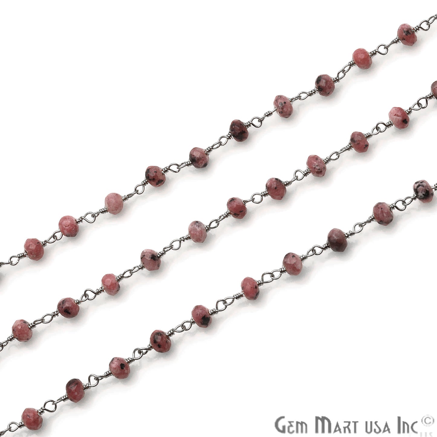 Rhodochrosite Jade Faceted Beads 4mm Oxidized Plated Wire Wrapped Rosary Chain - GemMartUSA