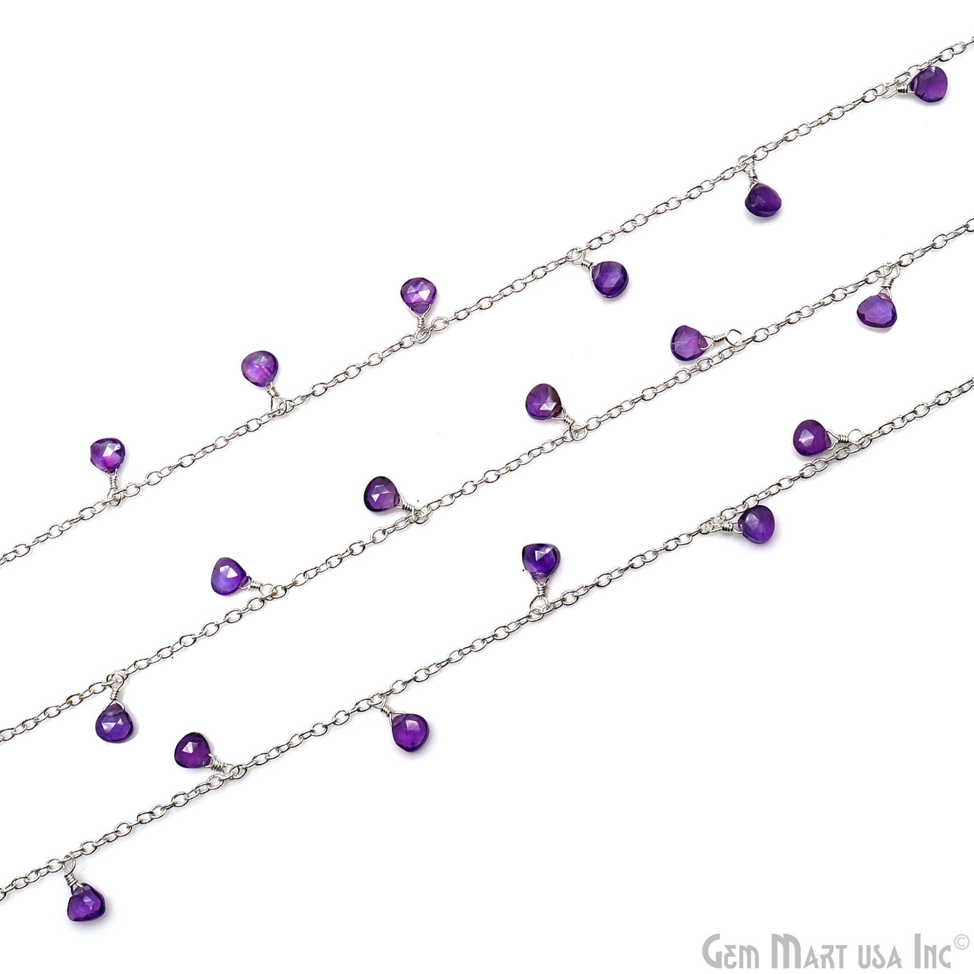 Amethyst Heart 5mm Silver Wire Wrapped Dangle Rosary Chain