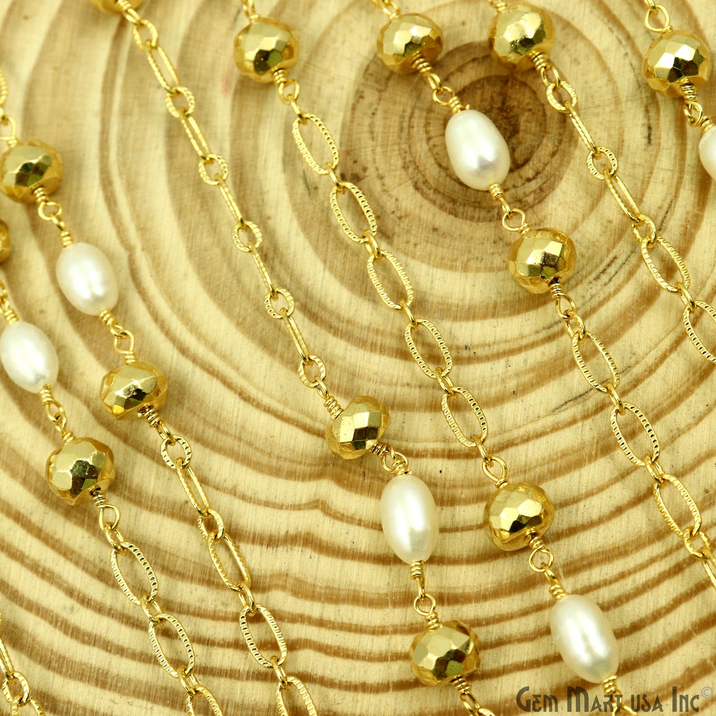 Golden Pyrite 6-7mm & Pearl Round Beads Gold Plated Finding Rosary Chain