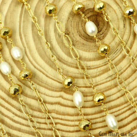 Golden Pyrite 6-7mm & Pearl Round Beads Gold Plated Finding Rosary Chain