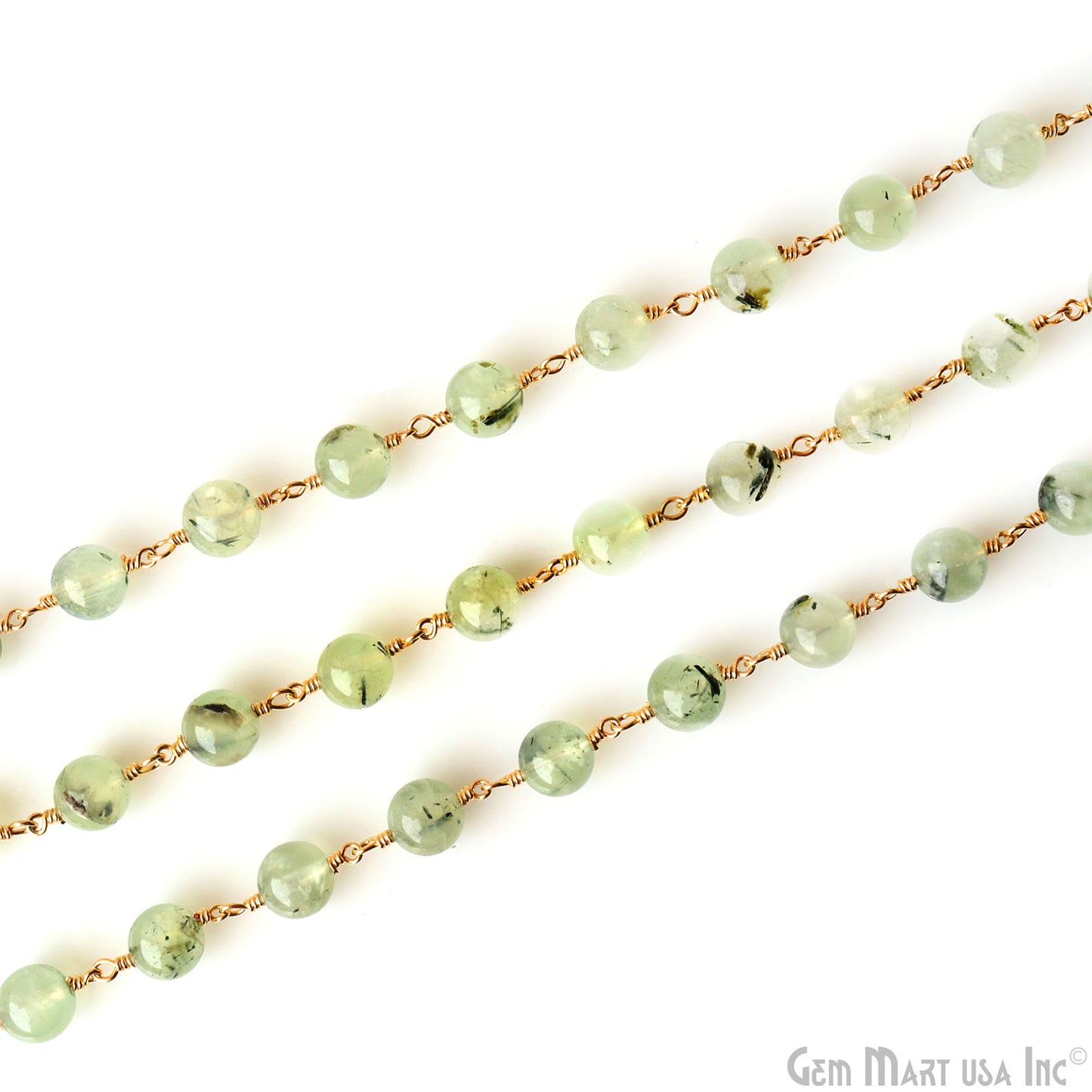 Green Rutile Smooth Beads 8mm Gold Plated Wire Wrapped Gemstone Rosary Chain