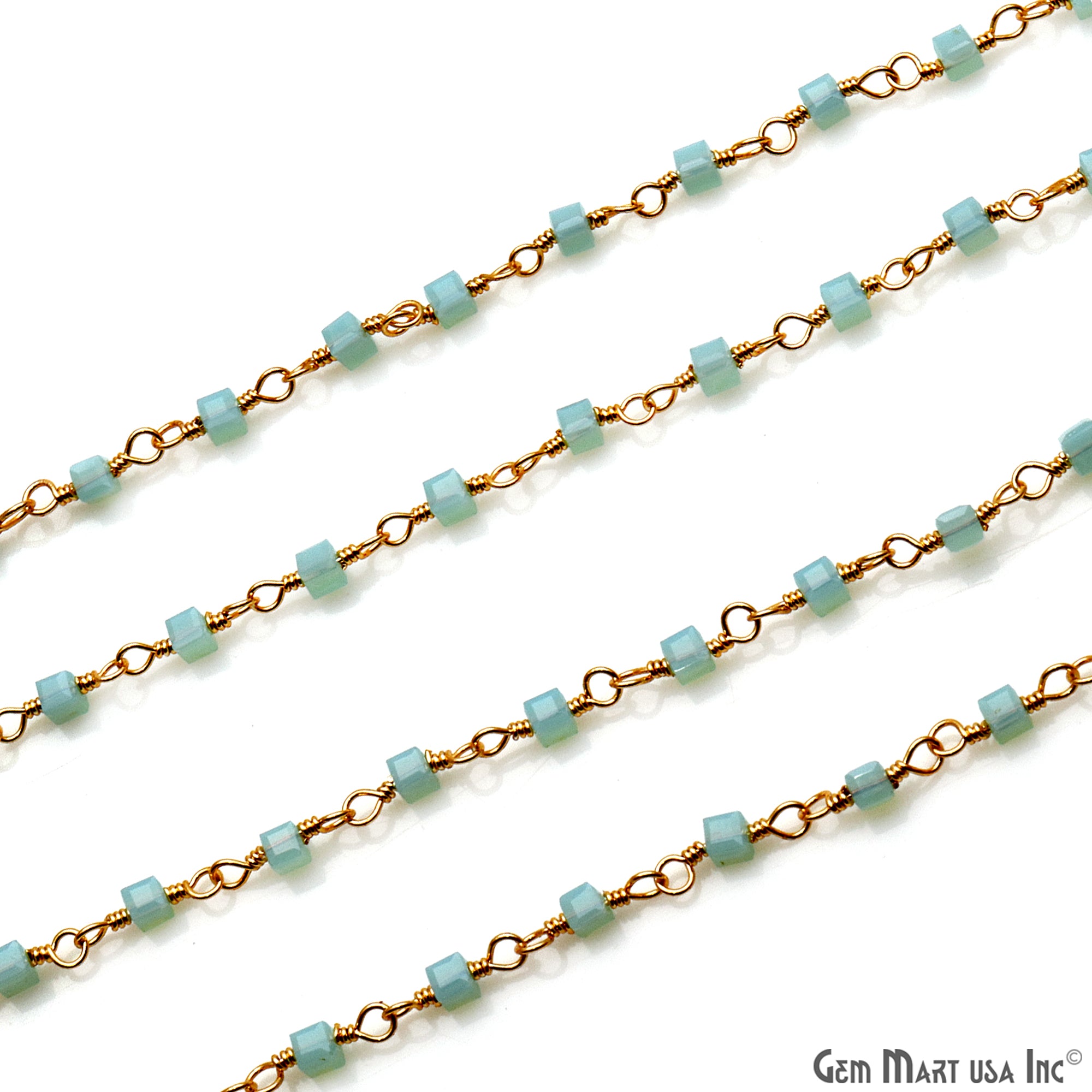 Aqua Chalcedony Cube Faceted 2mm Gold Wire Wrapped Rosary Chain - GemMartUSA