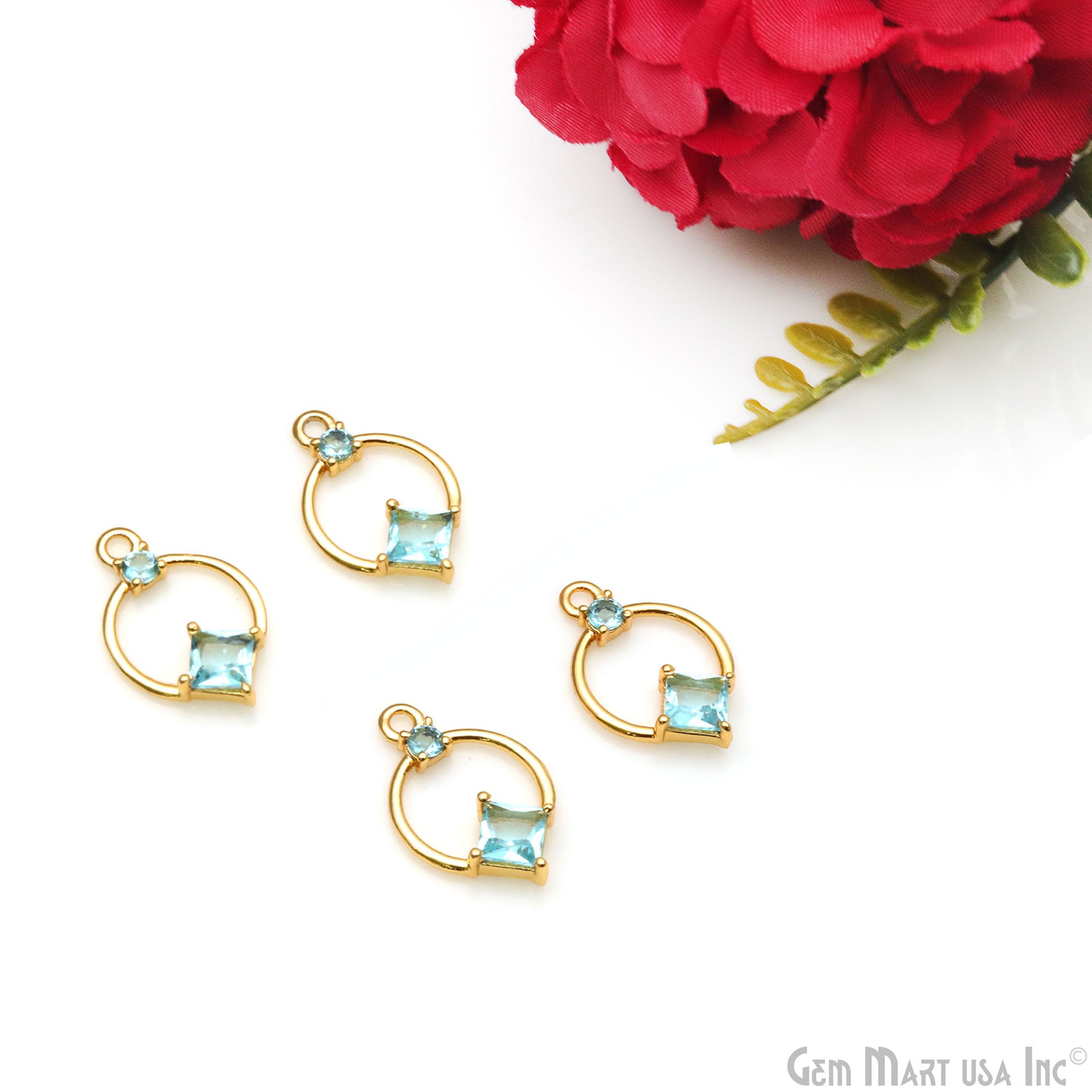 DIY Blue Topaz Gold Plated Round Single Bail Connector 1pc