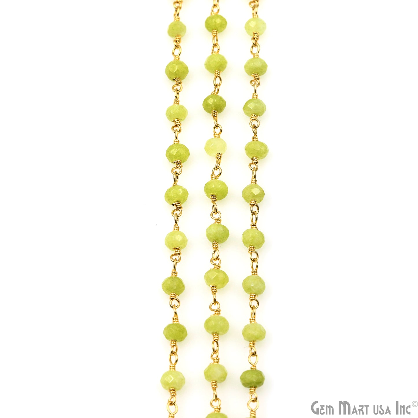 Light Green Jade Faceted Beads 4mm Gold Plated Wire Wrapped Rosary Chain