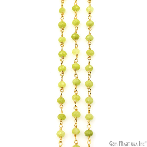 Light Green Jade Faceted Beads 4mm Gold Plated Wire Wrapped Rosary Chain