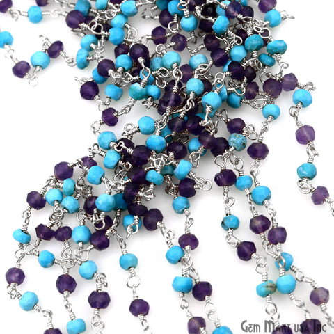 Amethyst & Turquoise 3-3.5mm Silver Plated Beaded Wire Wrapped Rosary Chain