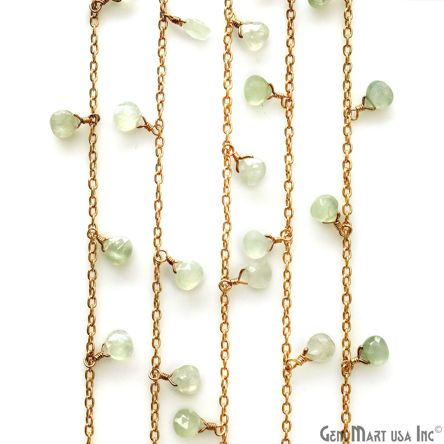 Prehnite Heart 5mm Gold Wire Wrapped Dangle Rosary Chain