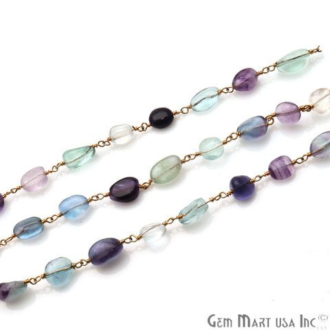 Dark Fluorite Tumble Beads 10x6mm Gold Plated Wire Wrapped Rosary Chain - GemMartUSA