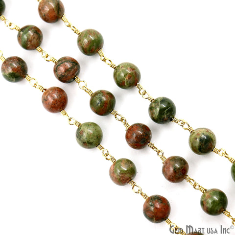 Unakite Cabochon Beads 8mm Gold Plated Gemstone Rosary Chain