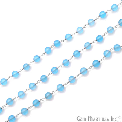 Baby Blue Jade Smooth Beads Silver Plated Wire Wrapped Rosary Chain - GemMartUSA