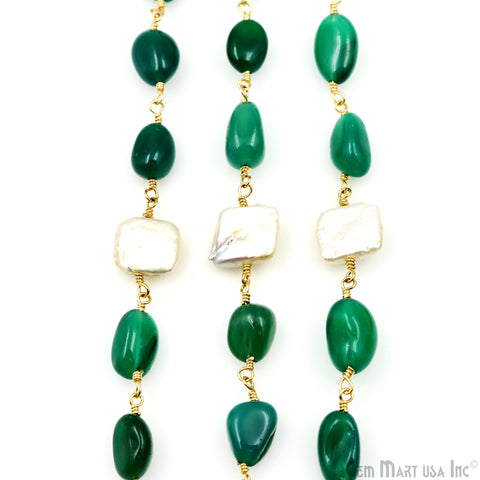 Green Onyx & Pearl Tumble Beads Gold Plated Rosary Chain