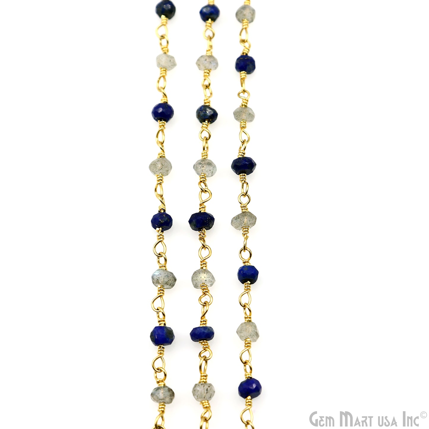 Lapis & Labradorite 3-3.5mm Gold Plated Faceted Beads Wire Wrapped Rosary Chain