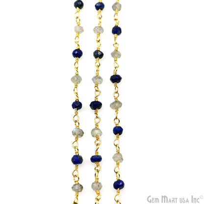 Lapis & Labradorite 3-3.5mm Gold Plated Faceted Beads Wire Wrapped Rosary Chain