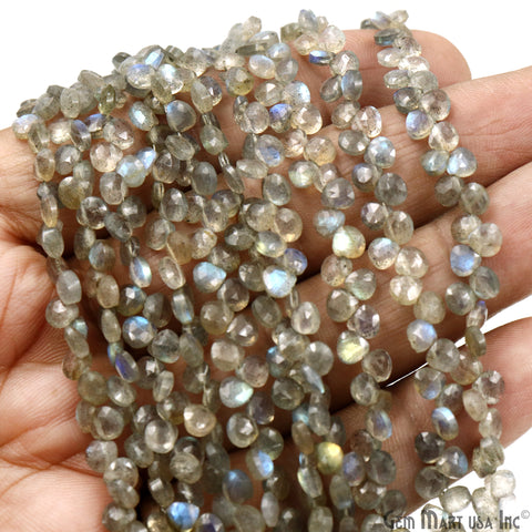 Labradorite Heart Beads, 8 Inch Gemstone Strands, Drilled Strung Briolette Beads, Heart Shape, 5mm