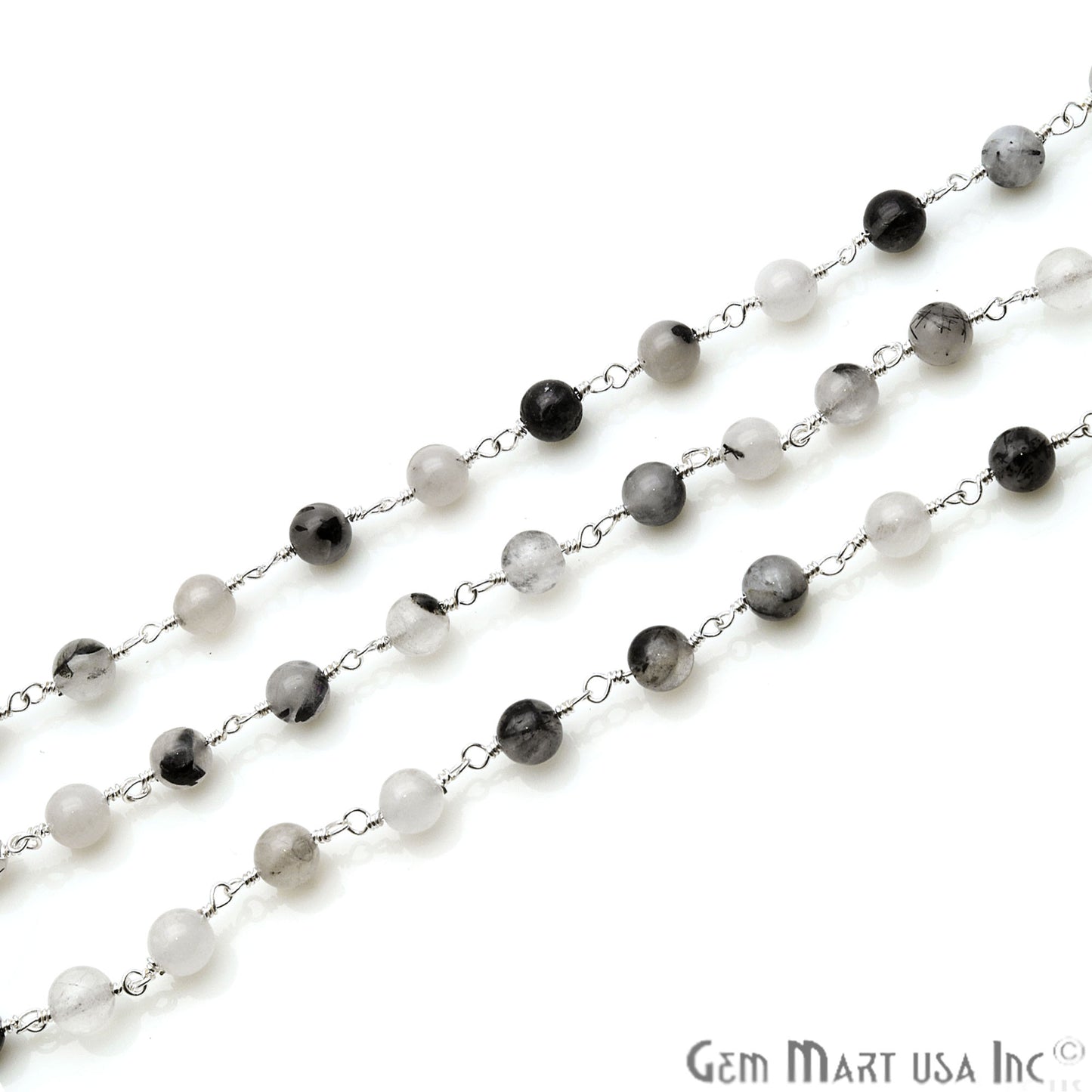 Rutilated Smooth Beads 6mm Silver Plated Wire Wrapped Rosary Chain - GemMartUSA