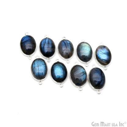 Flashy Labradorite Cabochon 13x18mm Oval Double Bail Silver Plated Gemstone Connector