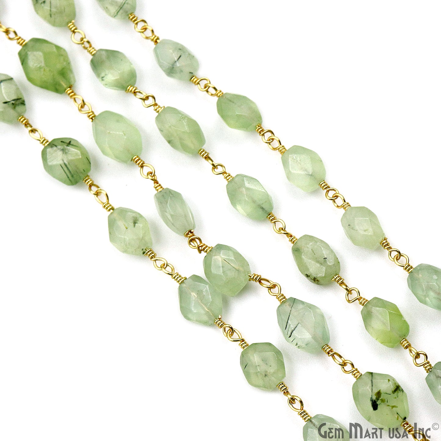 Green Rutile Faceted Beads 6x8mm Gold Wire Wrapped Rosary Chain