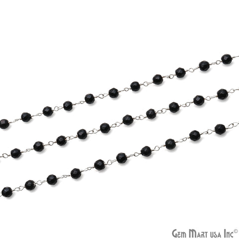 Black Spinel 4mm Round Faceted Beads Silver Plated Rosary Chain