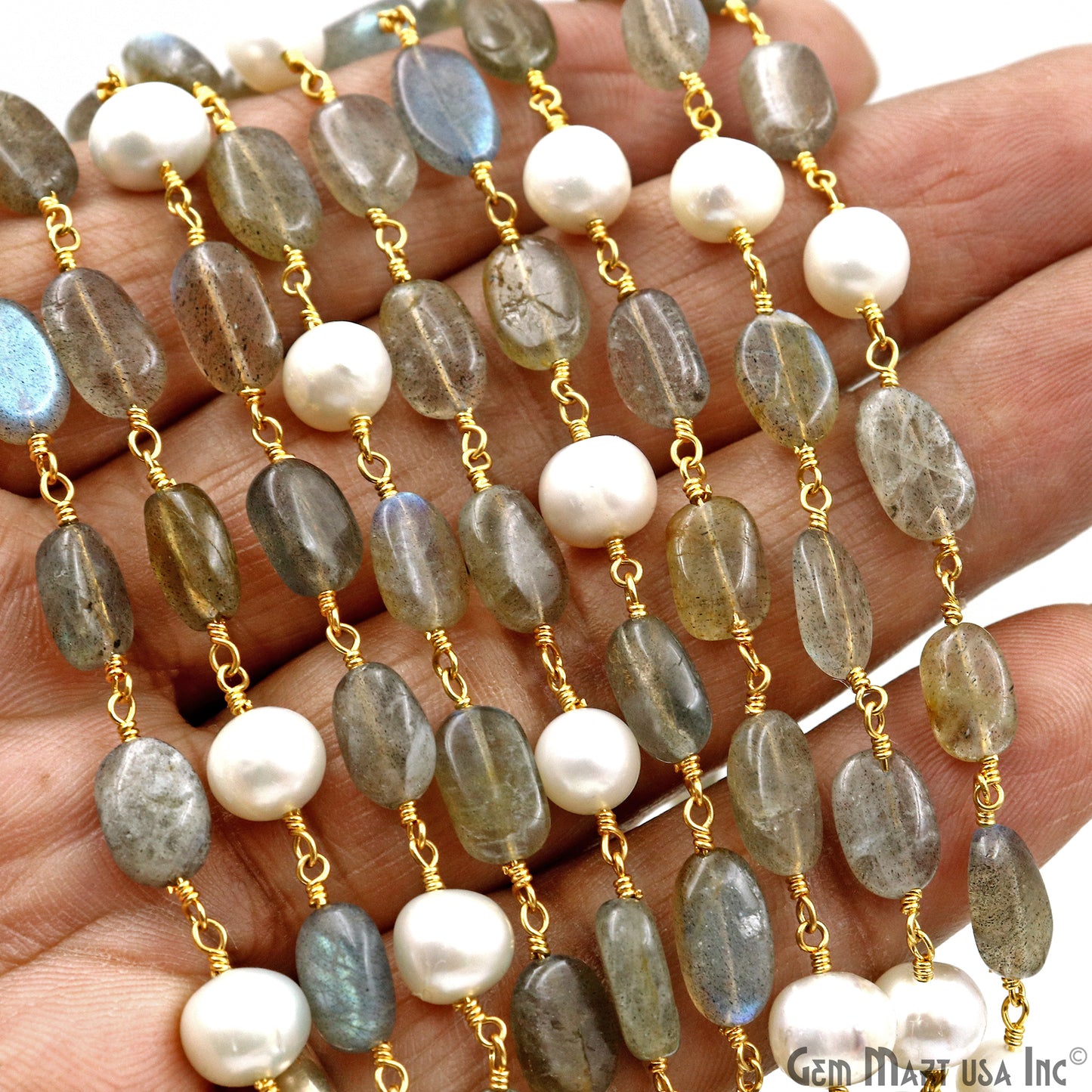 Labradorite Tumble & Pearl Gold Plated Wire Wrapped Rosary Chain