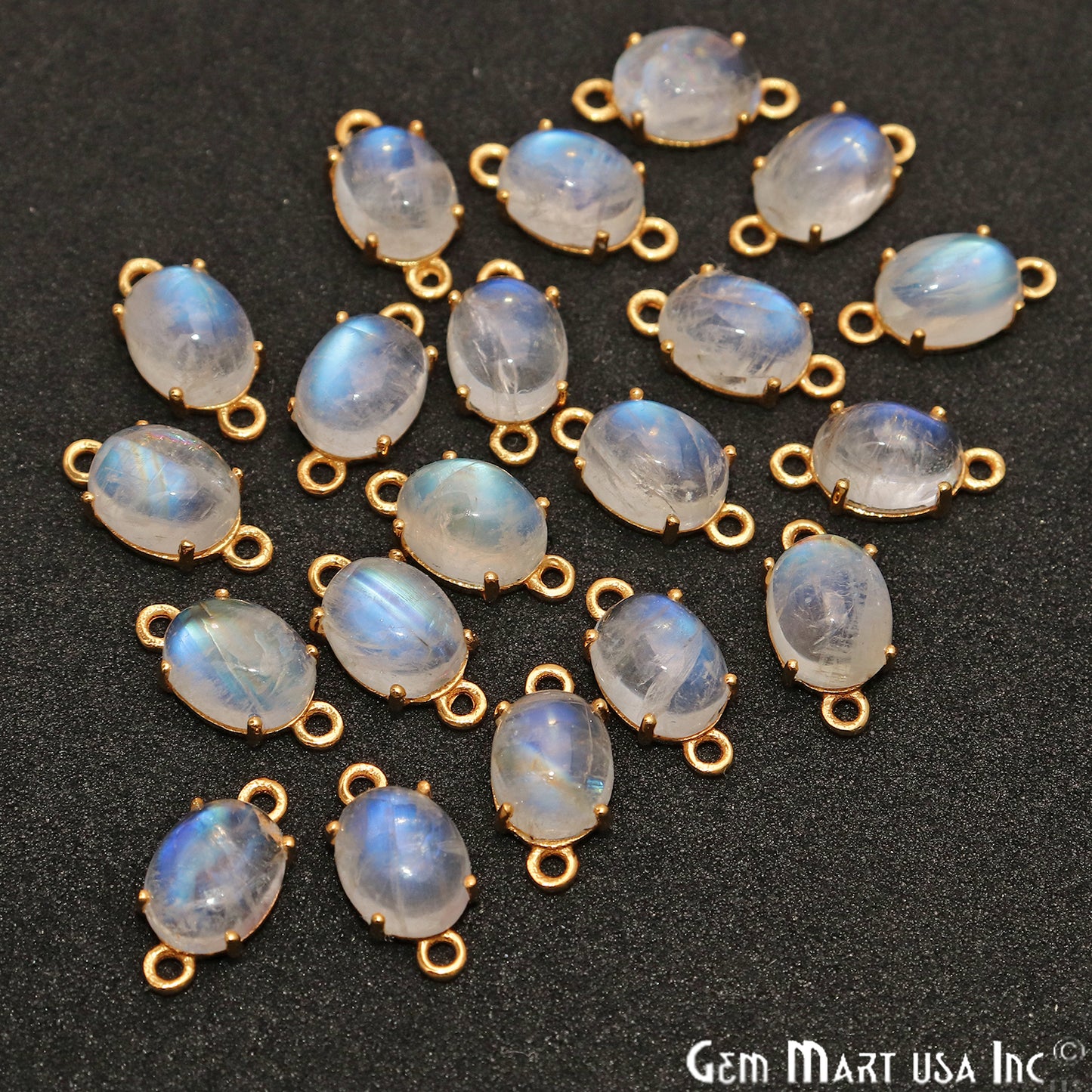 Rainbow Moonstone Cabochon Oval Prong Gold Plated Bail Connector - GemMartUSA