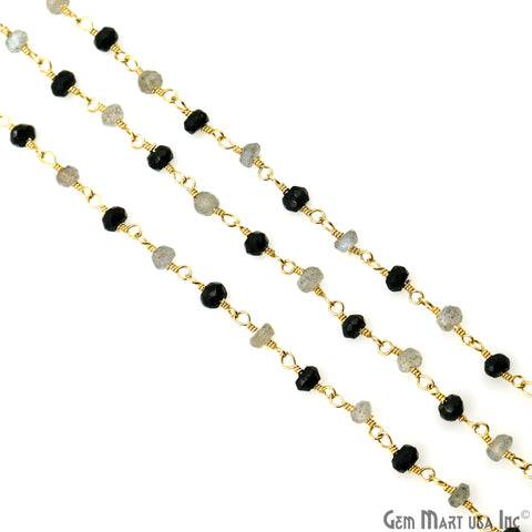 Black Spinel & Labradorite 3-3.5mm Gold Plated Faceted Beads Wire Wrapped Rosary Chain