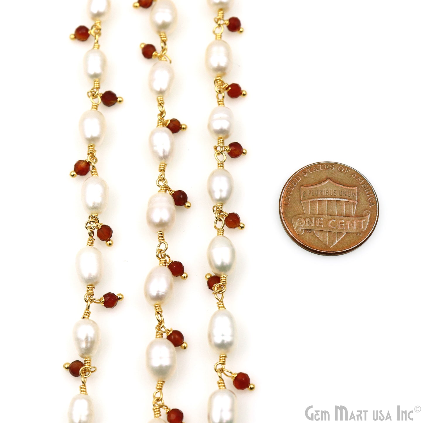 Pearl And Carnelian Faceted Beads Gold Wire Wrapped Beads Rosary Chain