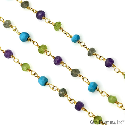 Multistone 3-3.5mm Gold Plated Beaded Wire Wrapped Rosary Chain