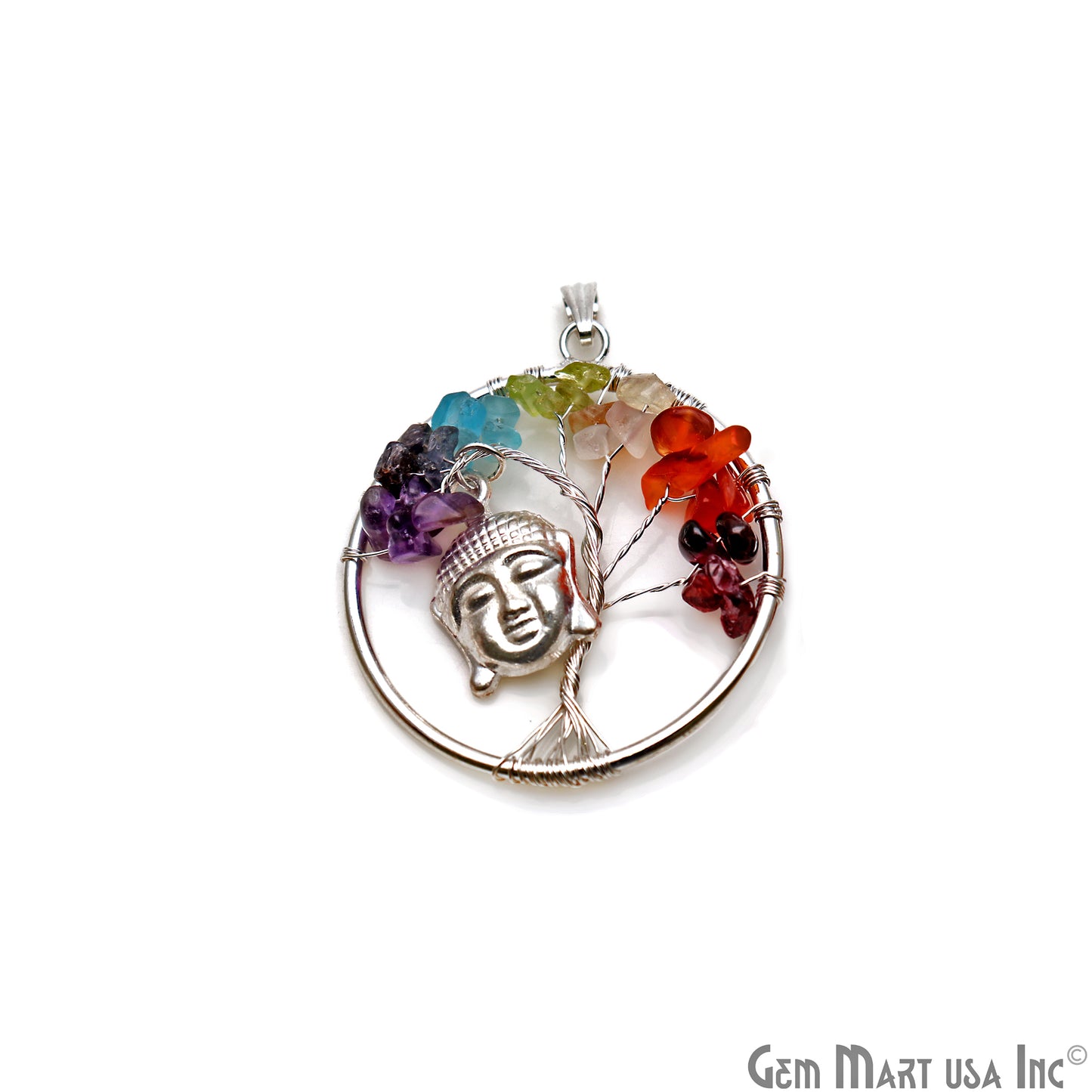 Multi Color Stone Silver Wire Wrapped Pendant With Face 45x40mm - GemMartUSA