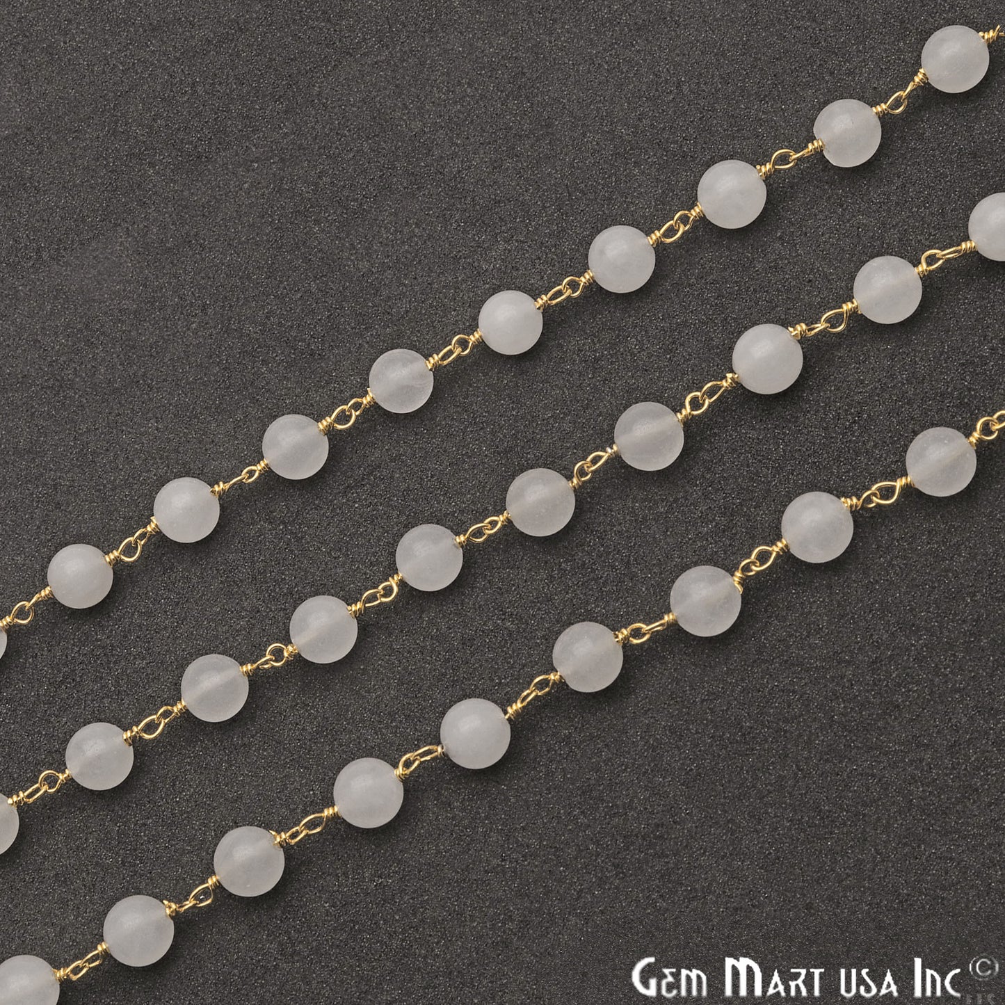 White Jade Smooth Beads 6mm Gold Plated Wire Wrapped Rosary Chain - GemMartUSA