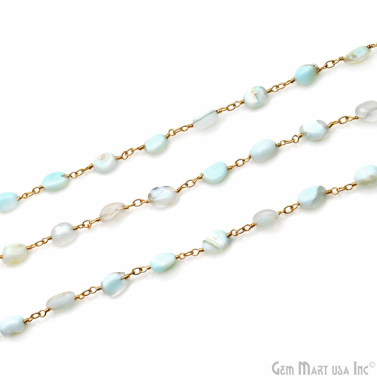 Light Amazonite Tumble Beads 8x5mm Gold Wire Wrapped Rosary Chain