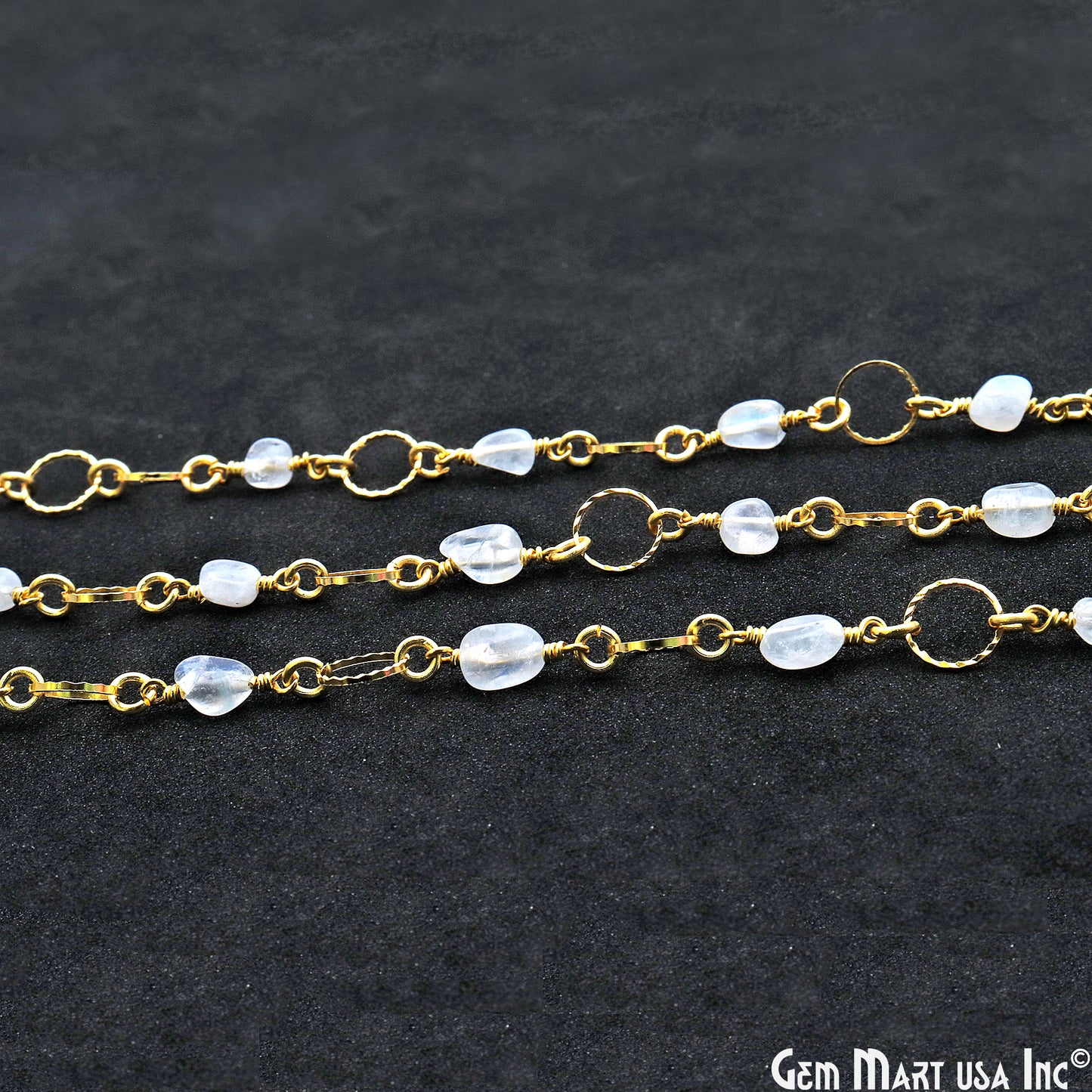 Rainbow Moonstone With Gold Plated Round Finding Rosary Chain