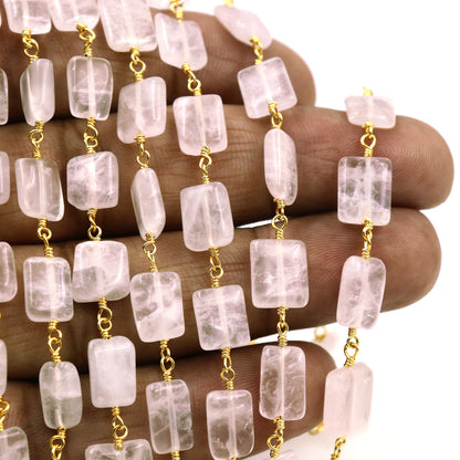 Rose Quartz 9x7mm Tumble Beads Gold Plated Rosary Chain