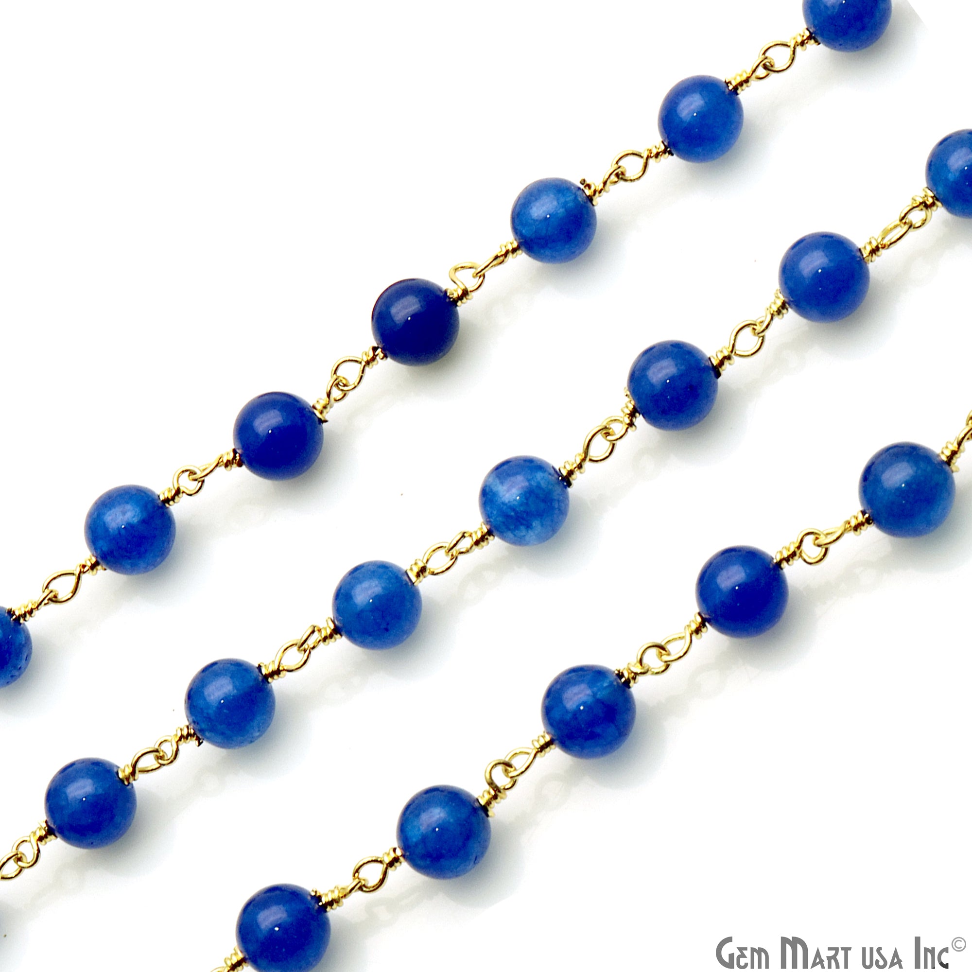 Blue Jade Cabochon Beads 6mm Gold Wire Wrapped Rosary Chain - GemMartUSA