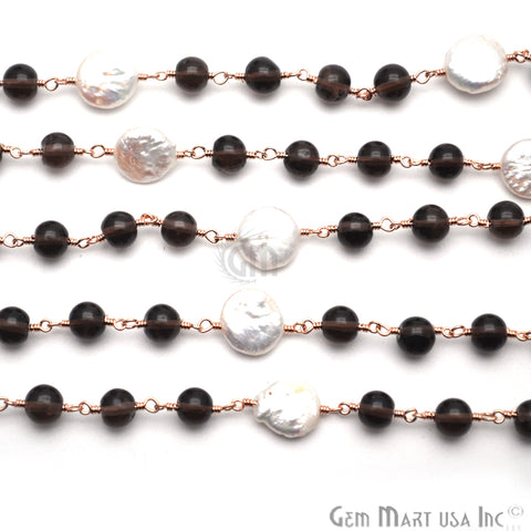 Smokey With Pearl 10mm Gold Plated Wire Wrapped Beads Rosary Chain - GemMartUSA (763923398703)