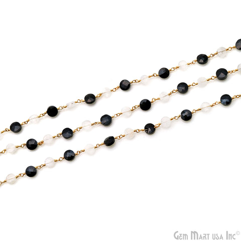 Black Spinel 6-7mm & Rainbow 5-6mm Coin Beads Gold Wire Wrapped Rosary Chain
