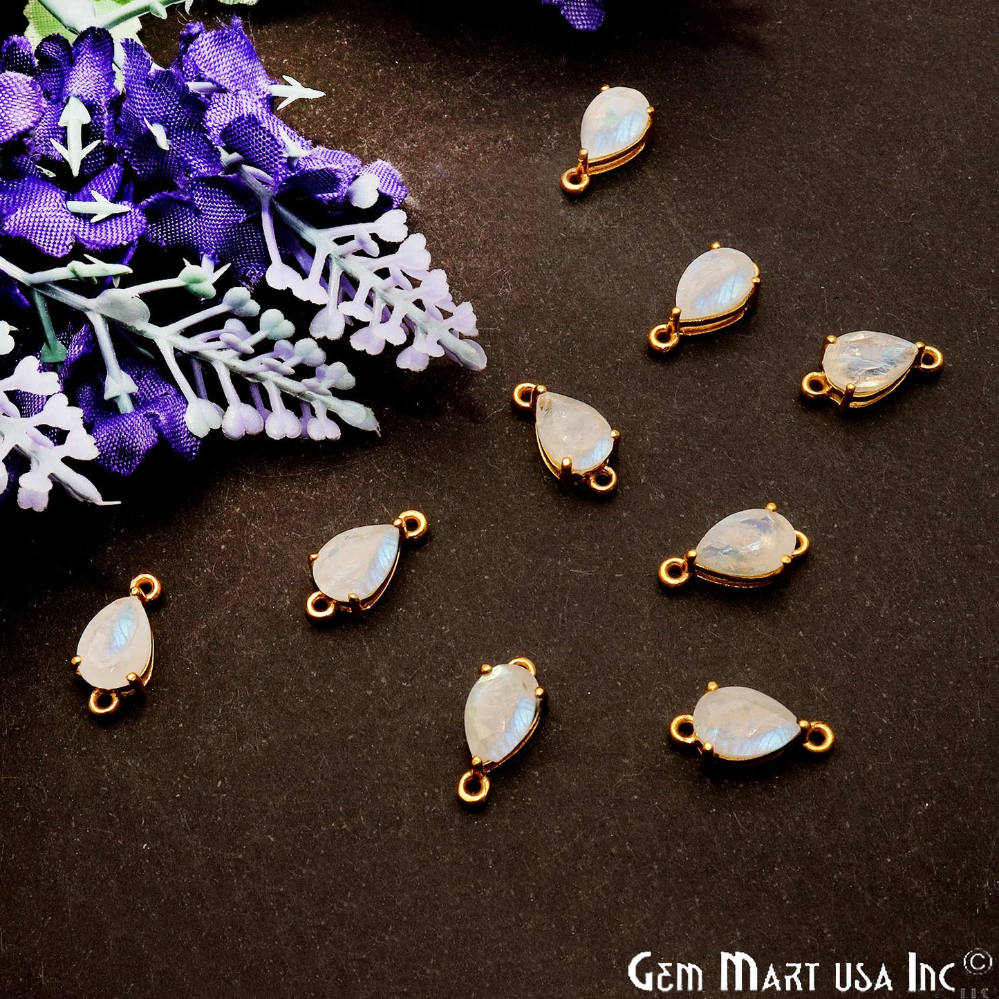 Rainbow Moonstone Prong Setting Gold Plated Flashy Gemstone Connector - GemMartUSA